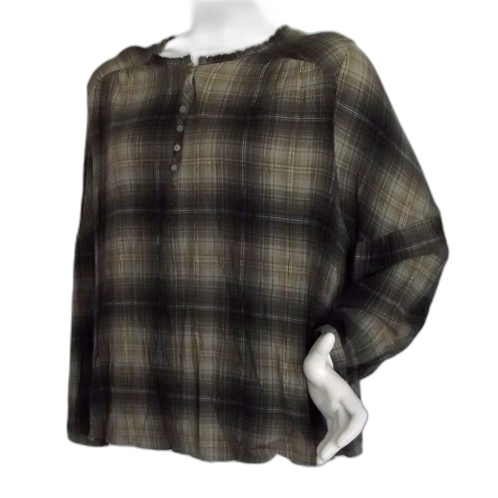 FRYE & CO Blouse, 2X, Green/Black Plaid, long sleeves, Pullover/Buttons, Rayon - Picture 3 of 11